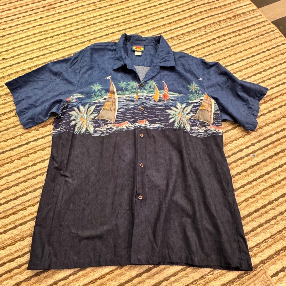 Hawaii Blues Mens XL‎ Blue Denim Sailboat Print Aloha Hawaiian Shirt Made in USA
